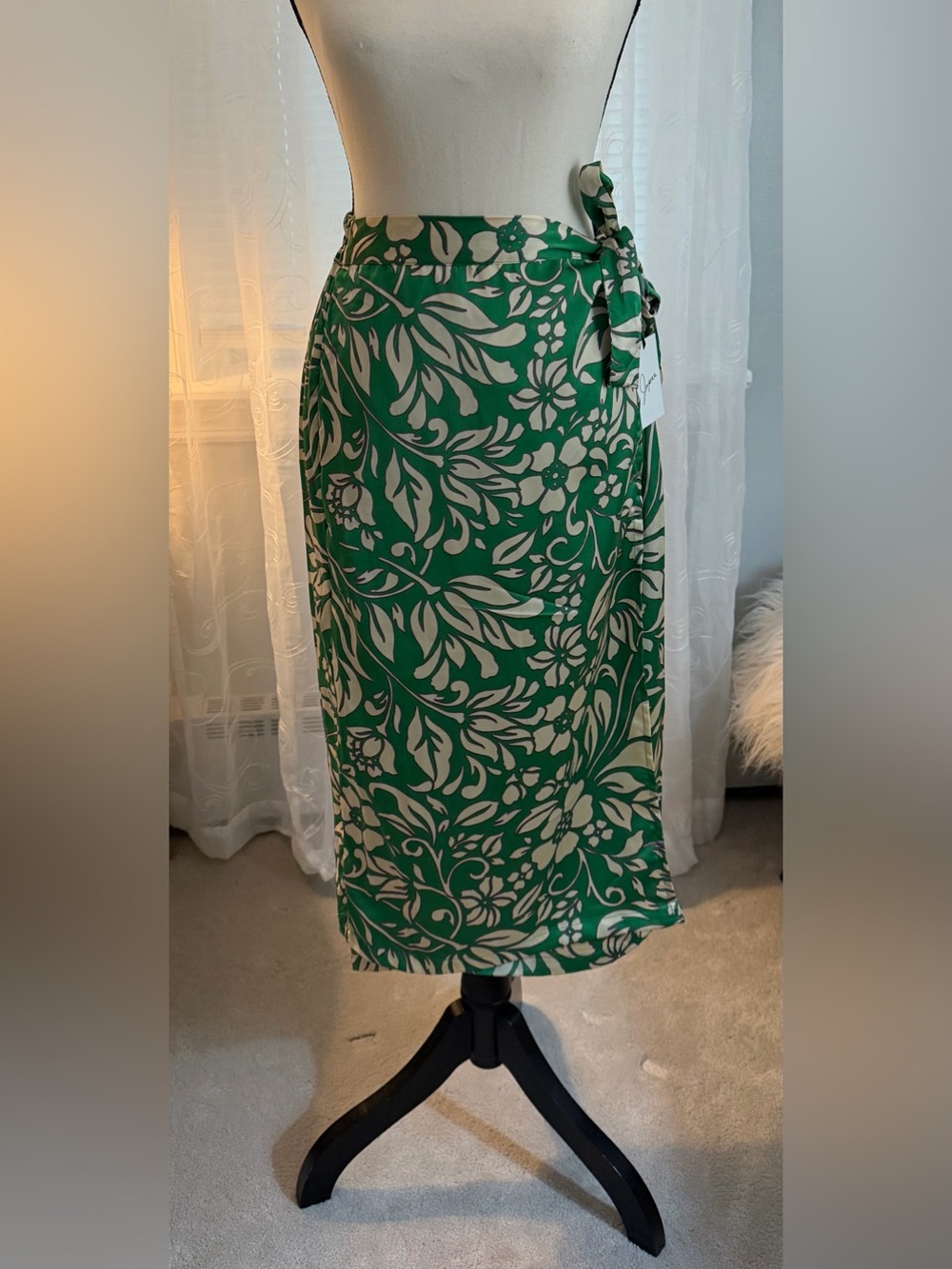 Japna Green and Cream Floral Wrap Midi Skirt
